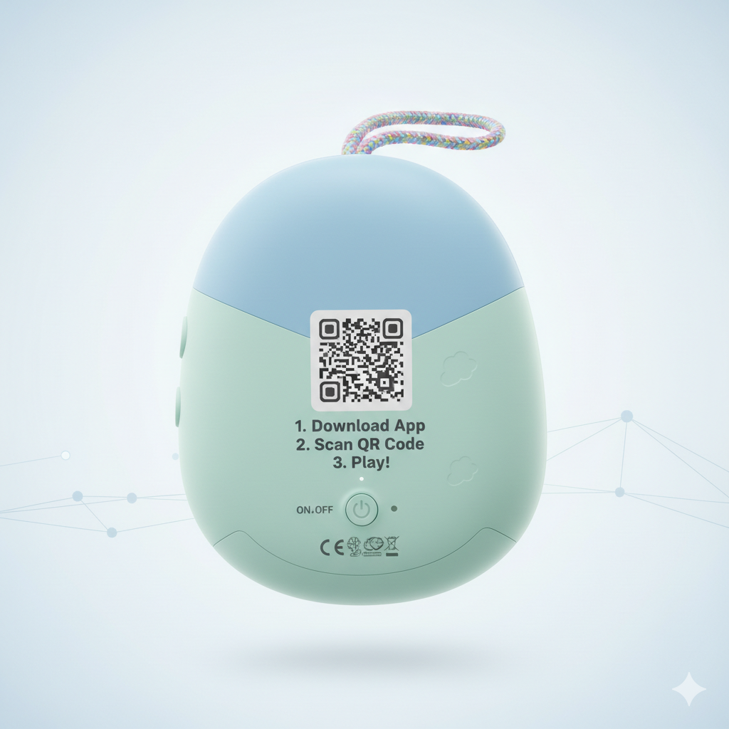 Zozz device back showing QR code for easy app setup - Download App, Scan QR Code, Play